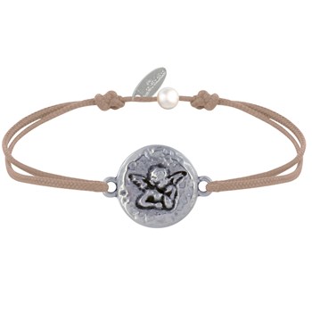 Bracelet Lien Médaille Ronde Martelée Laiton Argenté Ange Raphaël - Beige