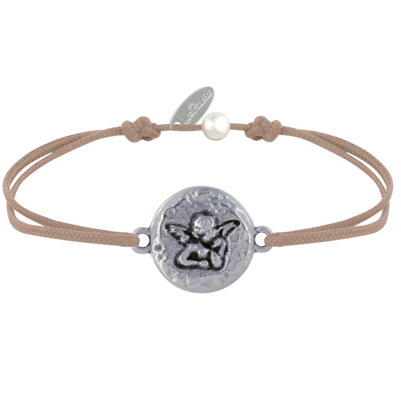 Bracelet Lien Médaille Ronde Martelée Laiton Argenté Ange Raphaël - Beige