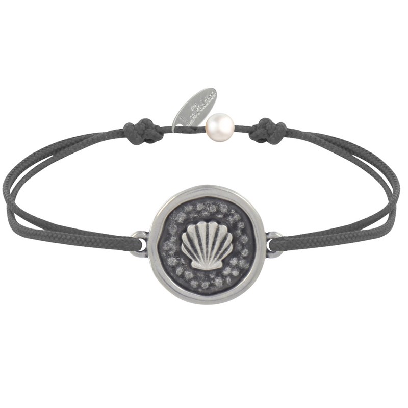 Bracelet Lien Médaille Ronde Laiton Argenté Coquillage - Gris