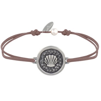 Bracelet Lien Médaille Ronde Laiton Argenté Coquillage - Marron clair