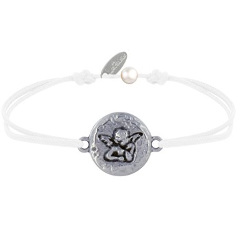 Bracelet Lien Médaille Ronde Martelée Laiton Argenté Ange Raphaël - Blanc