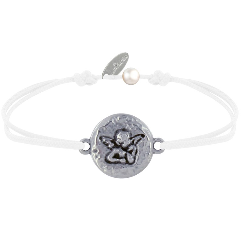 Bracelet Lien Médaille Ronde Martelée Laiton Argenté Ange Raphaël - Blanc