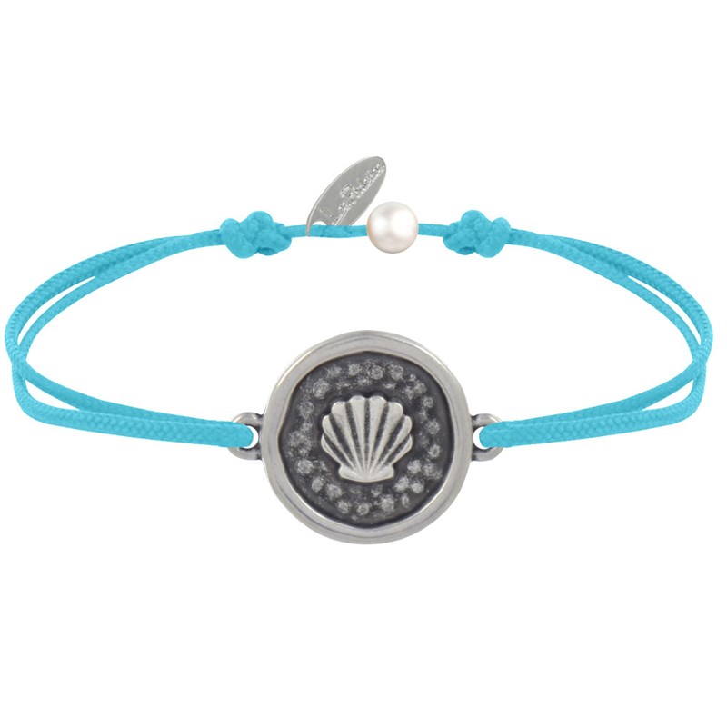 Bracelet Lien Médaille Ronde Laiton Argenté Coquillage - Turquoise