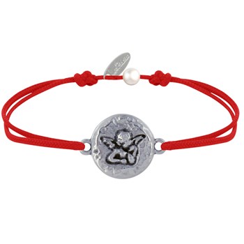 Bracelet Lien Médaille Ronde Martelée Laiton Argenté Ange Raphaël - Rouge