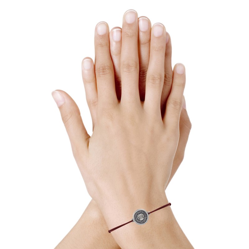 Bracelet Lien Médaille Ronde Laiton Argenté Coquillage - Marron foncé - vue 2