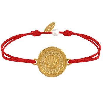 Bracelet Lien Médaille Ronde Laiton Doré Coquillage - Rouge