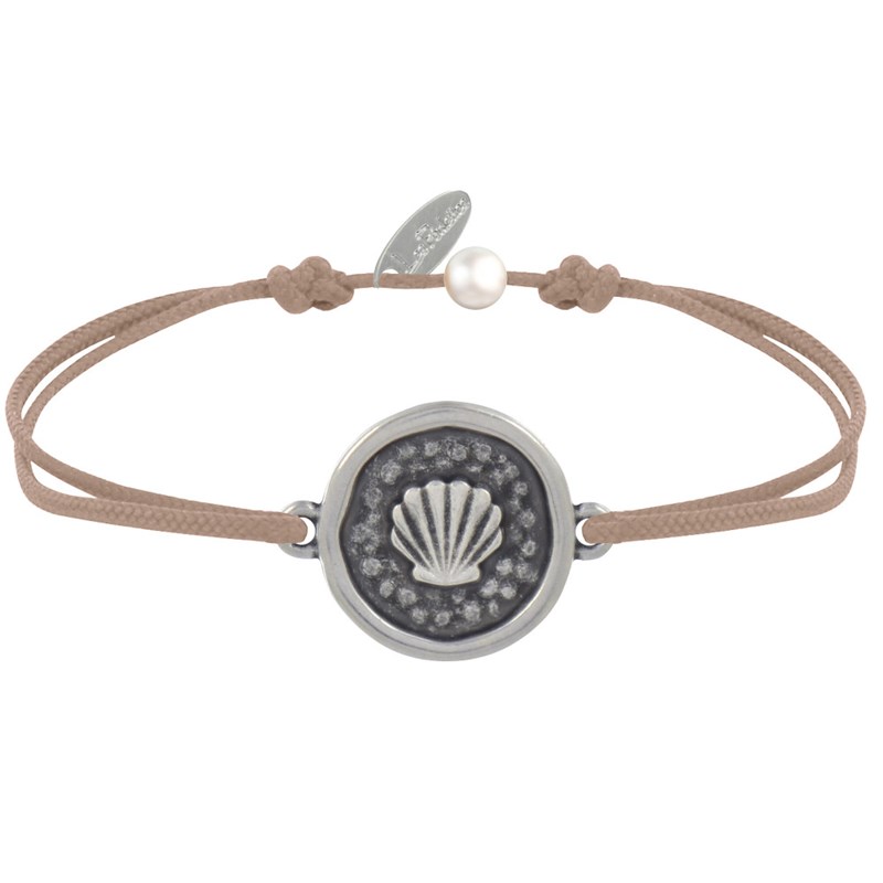 Bracelet Lien Médaille Ronde Laiton Argenté Coquillage - Beige