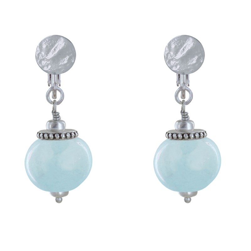 Boucles d'Oreilles Clip Métal Argenté et Grosses Perles en Céramique - vue 2