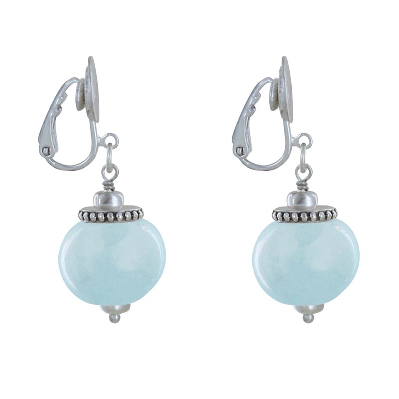 Boucles d'Oreilles Clip Métal Argenté et Grosses Perles en Céramique - vue 3