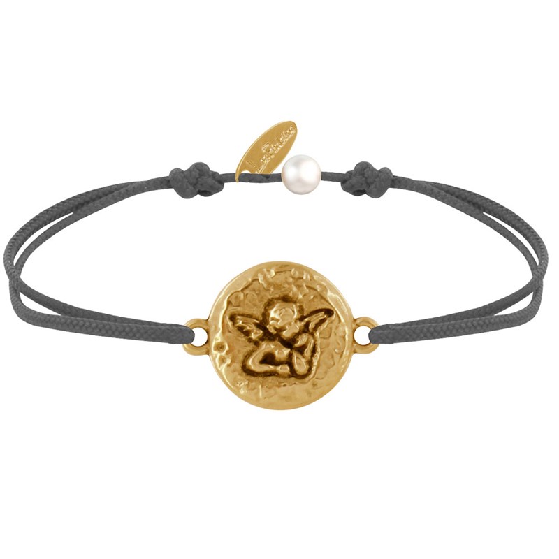 Bracelet Lien Médaille Ronde Martelée Laiton Doré Ange Raphaël - Gris