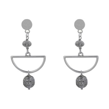 Boucles d'Oreilles Clous Métal Argenté Demi Lune et Perle Tête de Lion