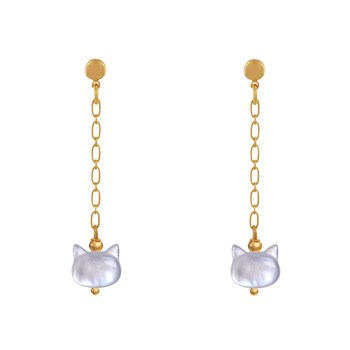 Boucles d'Oreilles Chainette Laiton Doré et Tête de Chat en Nacre
