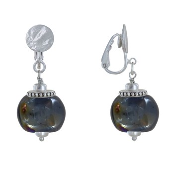 Boucles d'Oreilles Clip Métal Argenté et Grosses Perles en Céramique