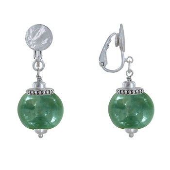 Boucles d'Oreilles Clip Métal Argenté et Grosses Perles en Céramique