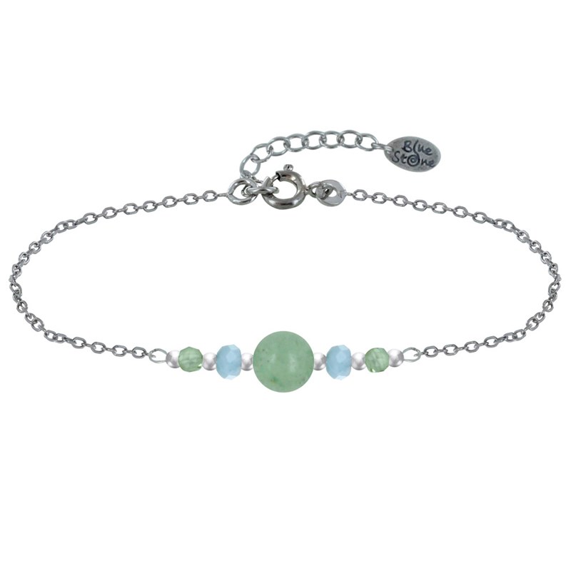 Bracelet Chaine Argent 925 Trois Perles d'Aventurine et Deux Anneaux Facettés de Larimar