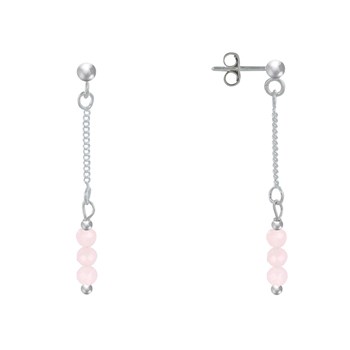 Boucles d'Oreilles Argent 925 Chainette 3 Perles Facettées de Quartz Rose