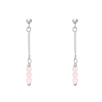 Boucles d'Oreilles Argent 925 Chainette 3 Perles Facettées de Quartz Rose