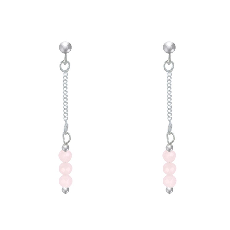 Boucles d'Oreilles Argent Chainette 3 Perles Facettées de Quartz Rose - vue 2
