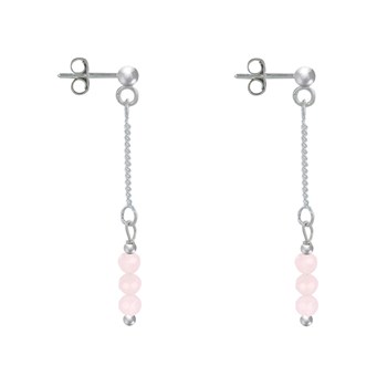 Boucles d'Oreilles Argent 925 Chainette 3 Perles Facettées de Quartz Rose