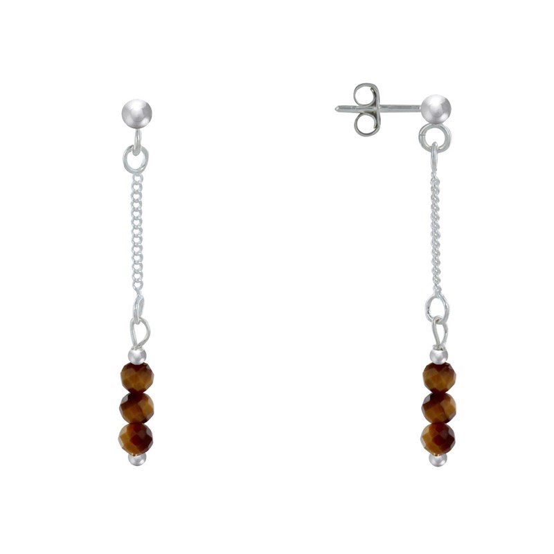 Boucles d'Oreilles Argent 925 Chainette 3 Perles Facettées d'Oeil de Tigre