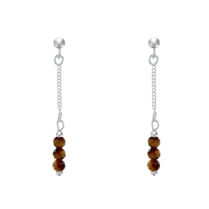 Boucles d'Oreilles Argent 925 Chainette 3 Perles Facettées d'Oeil de Tigre - vue 2