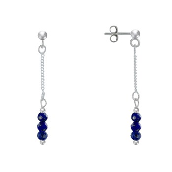 Boucles d'Oreilles Argent Chainette 3 Perles Facettées de Lapis Lazuli