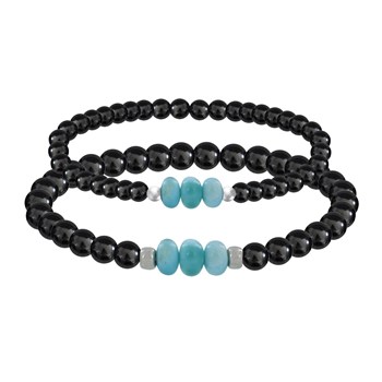 Duo Bracelets Homme et Femme Perles d'Hématites et Trois Anneaux de Larimar