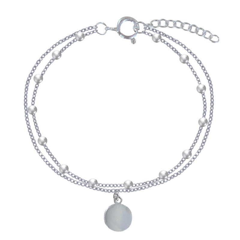 Bracelet Argent 925 Billes Double Chaines et Médaille Ronde