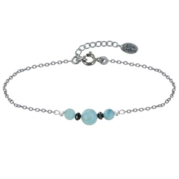 Bracelet Chaine Argent Rhodié Trois Perles de Larimar et Deux Diamants Noirs Facettées