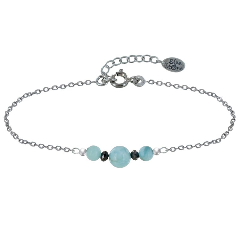 Bracelet Chaine Argent 925 Rhodié Trois Perles de Larimar et Deux Diamants Noirs Facettées