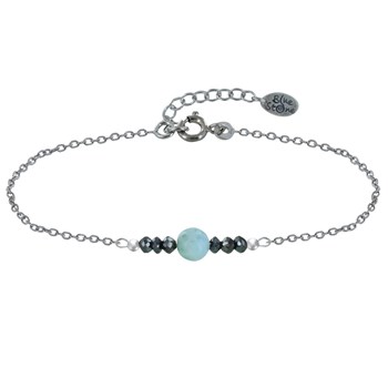 Bracelet Chaine Argent 925 Rhodié Une Perle de Larimar et Six Diamants Noirs Facettées