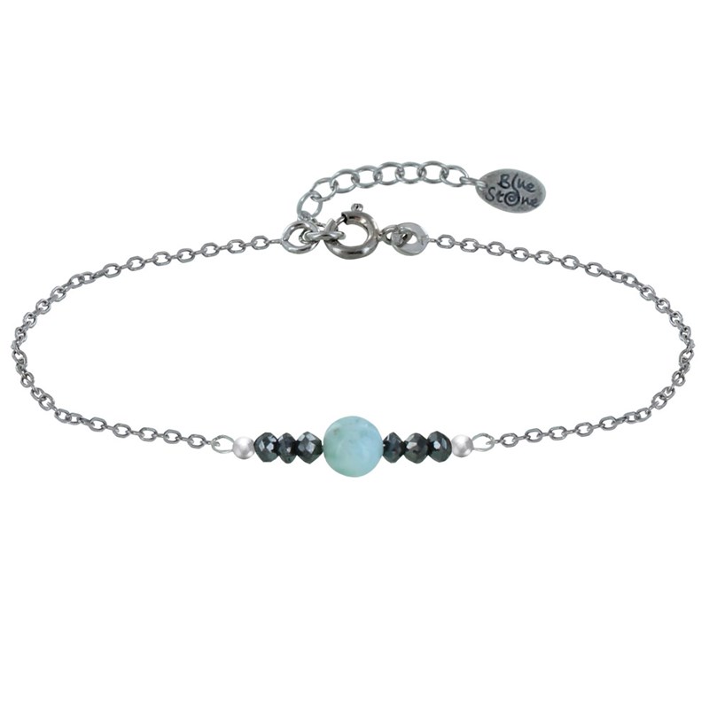 Bracelet Chaine Argent 925 Rhodié Une Perle de Larimar et Six Diamants Noirs Facettées