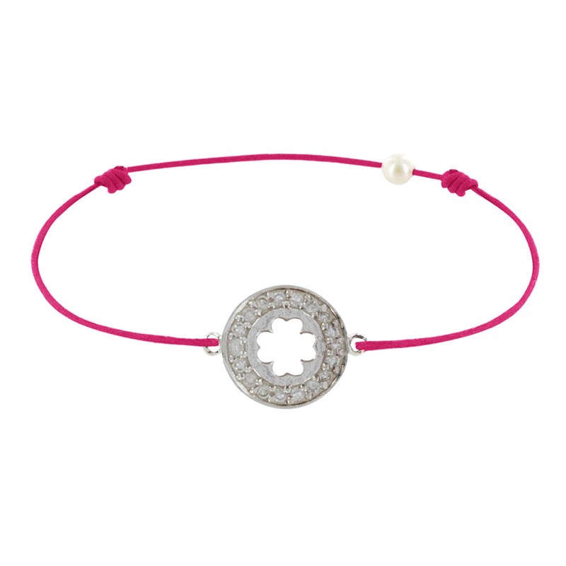 Bracelet Lien Argent 925 Médaille Porte Chance et Strass - Classics - Fuchsia