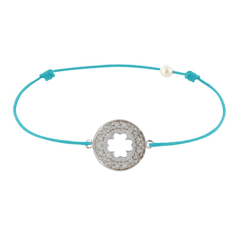 Bracelet Lien Argent 925 Médaille Porte Chance et Strass - Classics - Turquoise