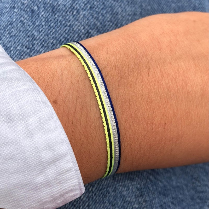 Bracelet Lien Tissé Bandes Jaune Argenté et Bleu - vue 3