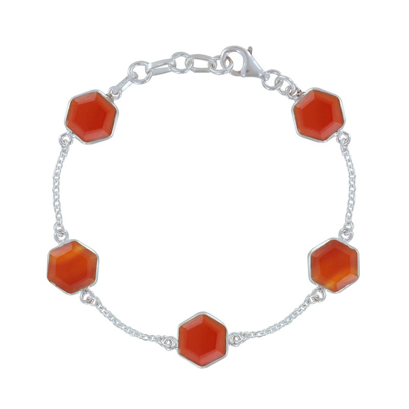 Bracelet Argent 925 Cinq Hexagones d'Agate Rouge Facettés