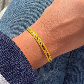 Bracelet Lien Tissé Jaune Croix Noires et Argentées
