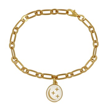 Bracelet Laiton Doré Breloque Ronde Lune et Etoiles Emaillée - Blanc