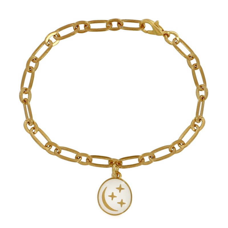 Bracelet Laiton Doré Breloque Ronde Lune et Etoiles Emaillée - Blanc