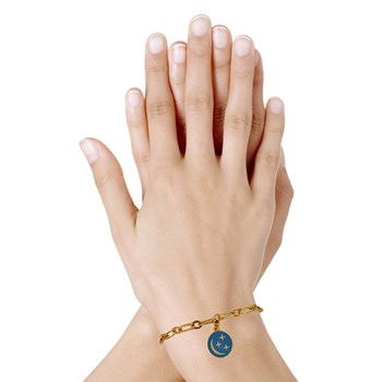 Bracelet Laiton Doré Breloque Ronde Lune et Etoiles Emaillée - Bleu Navy