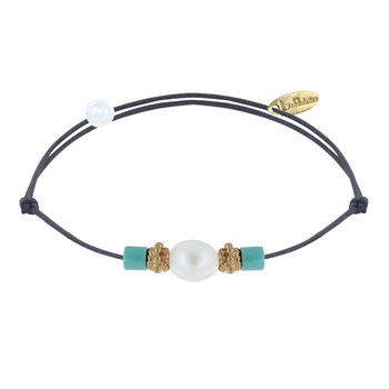 Bracelet Lien Perle de Culture Blanche Perles Plaqué Or et de Turquoise - Gris
