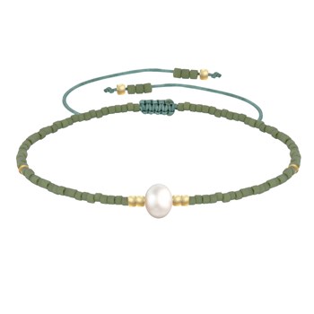 Bracelet Lien Perle d'Eau Douce Blanche et Petites Perles Mates - Vert kaki