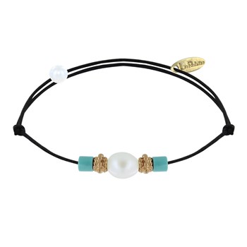 Bracelet Lien Perle de Culture Blanche Perles Plaqué Or et de Turquoise - Noir