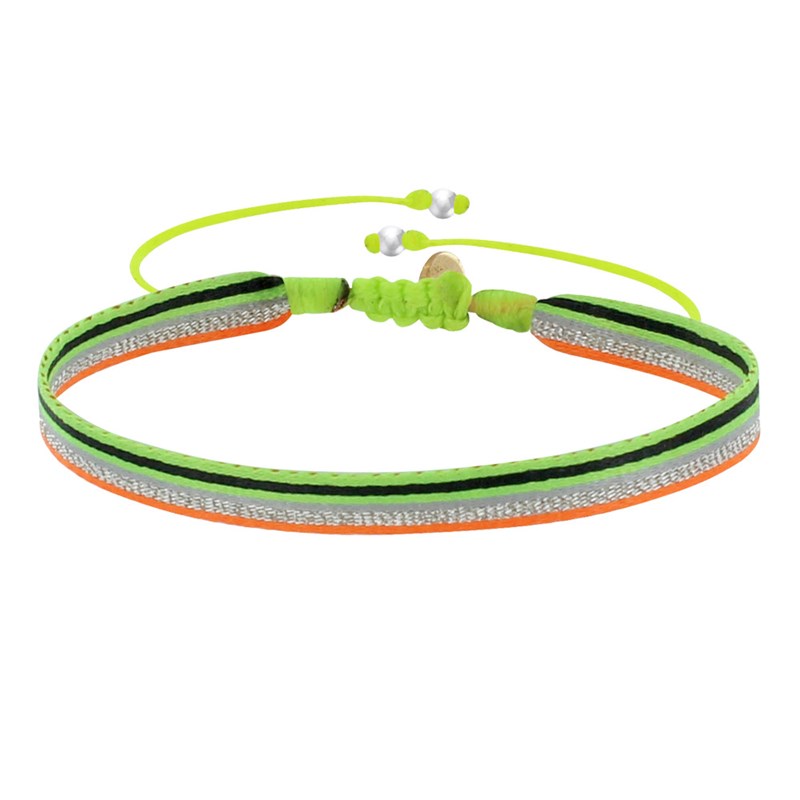 Bracelet Lien Tissé Bandes Vert Fluo Argenté et Orange Fluo