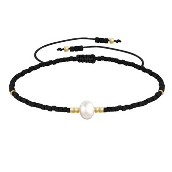 Bracelet Lien Perle d'Eau Douce Blanche et Petites Perles Mates - Noir