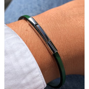 Bracelet Femme Cuir Simple Plat Fermoir Acier Inoxydable - Vert Foncé