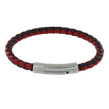 Bracelet Homme Cuir Tréssé Rond Bicolore 19cm - Rouge