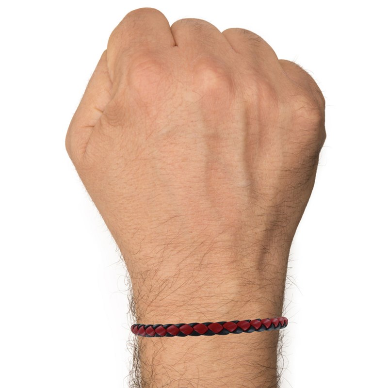 Bracelet Homme Cuir Tréssé Rond Bicolore 19cm - Rouge - vue 2