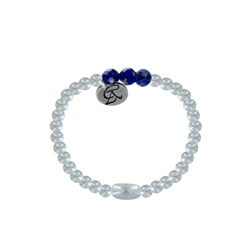 Bague Argent 925 Elastique Bille et Trois Perles de Lapis Lazuli Facettée - vue 2