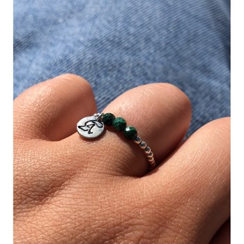 Bague Argent 925 Elastique Bille et Trois Perles de Malachite Facettée